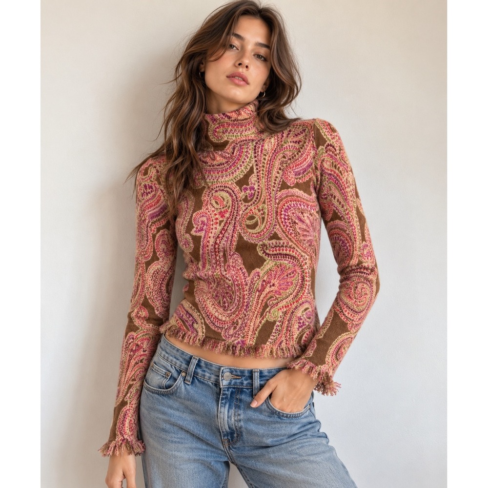Belford Saks Cashmere Paisley Turtleneck Sweater Y2K Boho Fringe M Whimsigoth